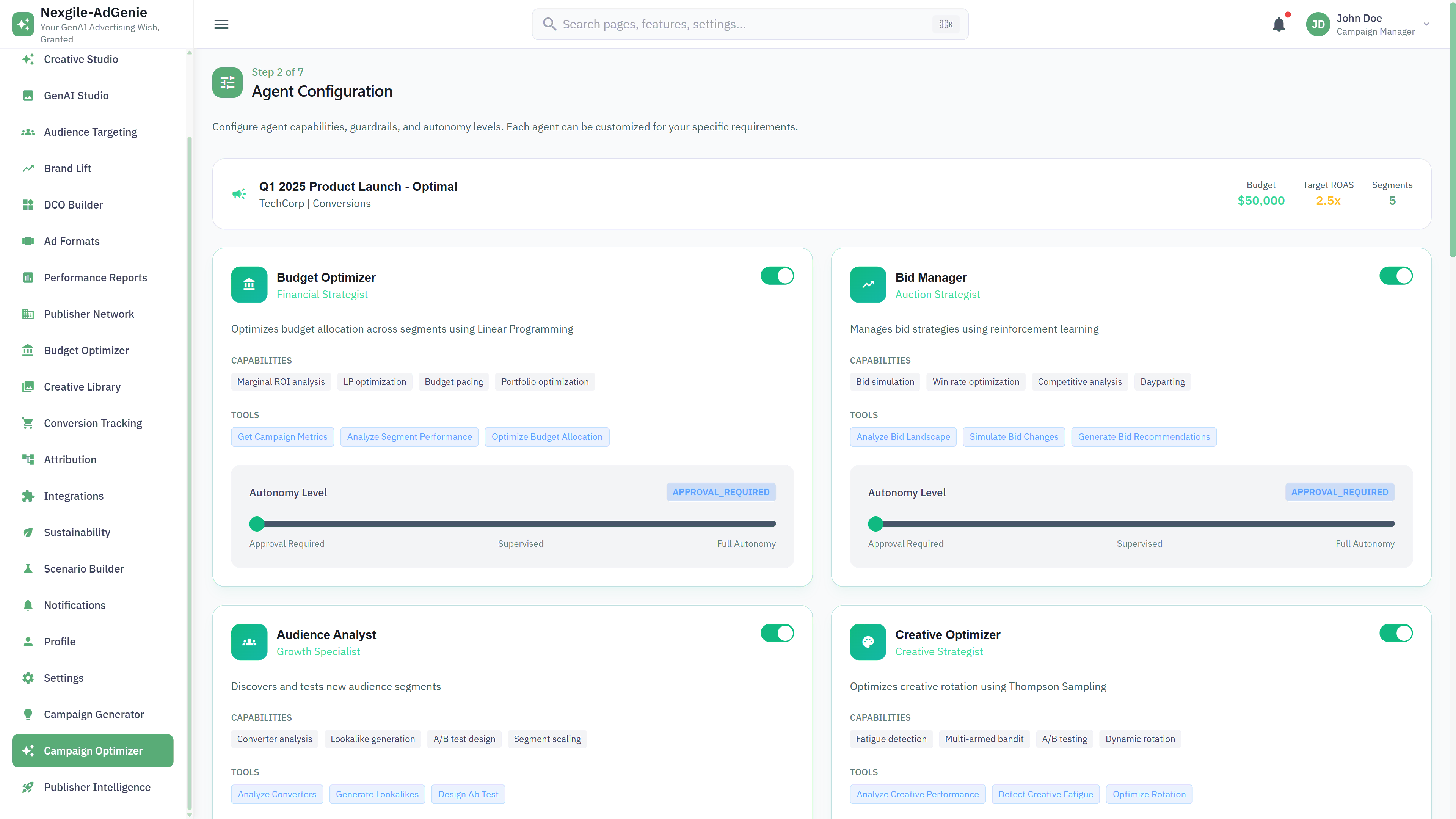Agent Configuration - Setup for Budget Optimizer, Bid Manager, Audience Analyst, and Creative Optimizer
