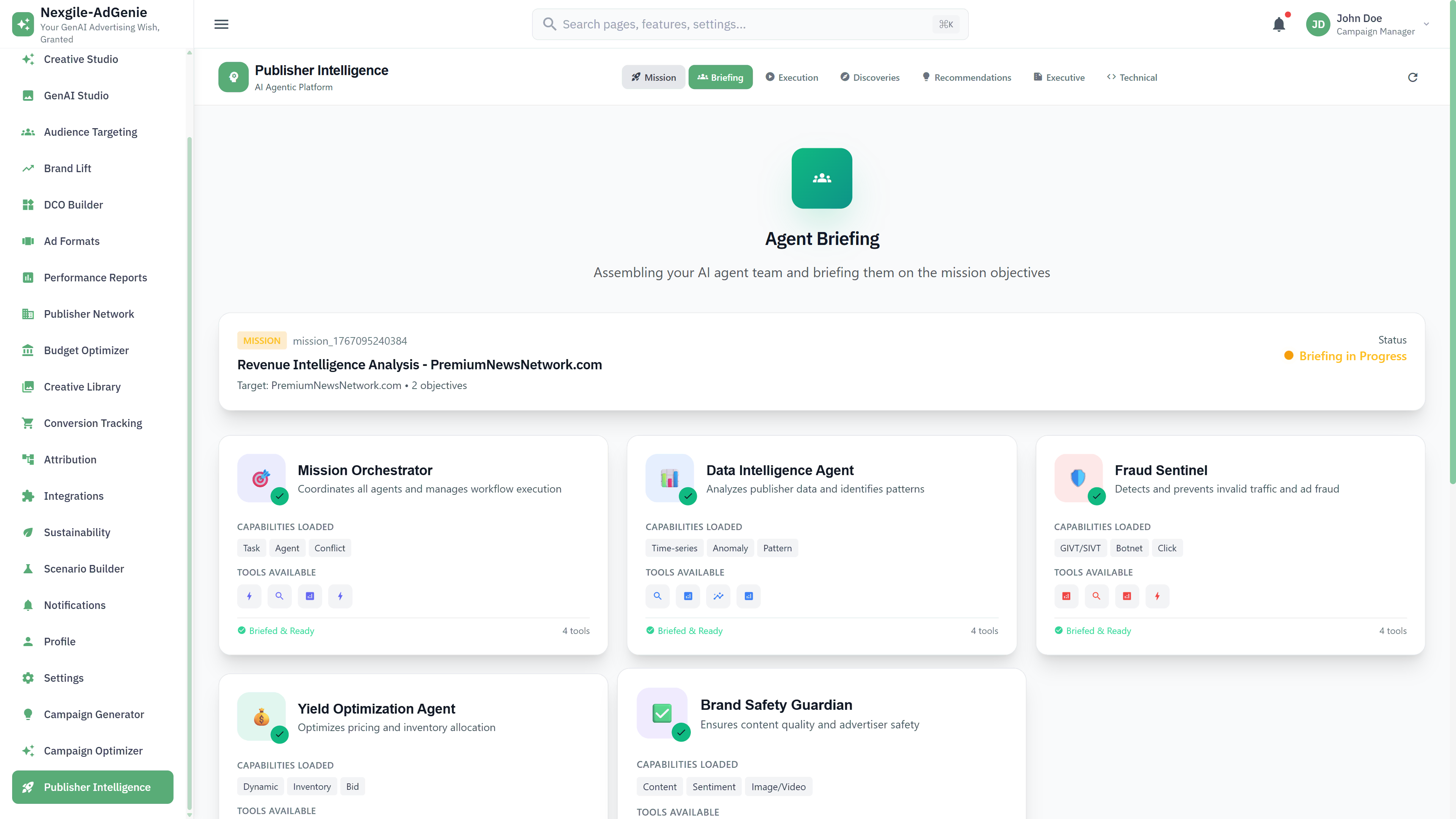 Agent Briefing - AI agent team assembly for publisher revenue analysis mission