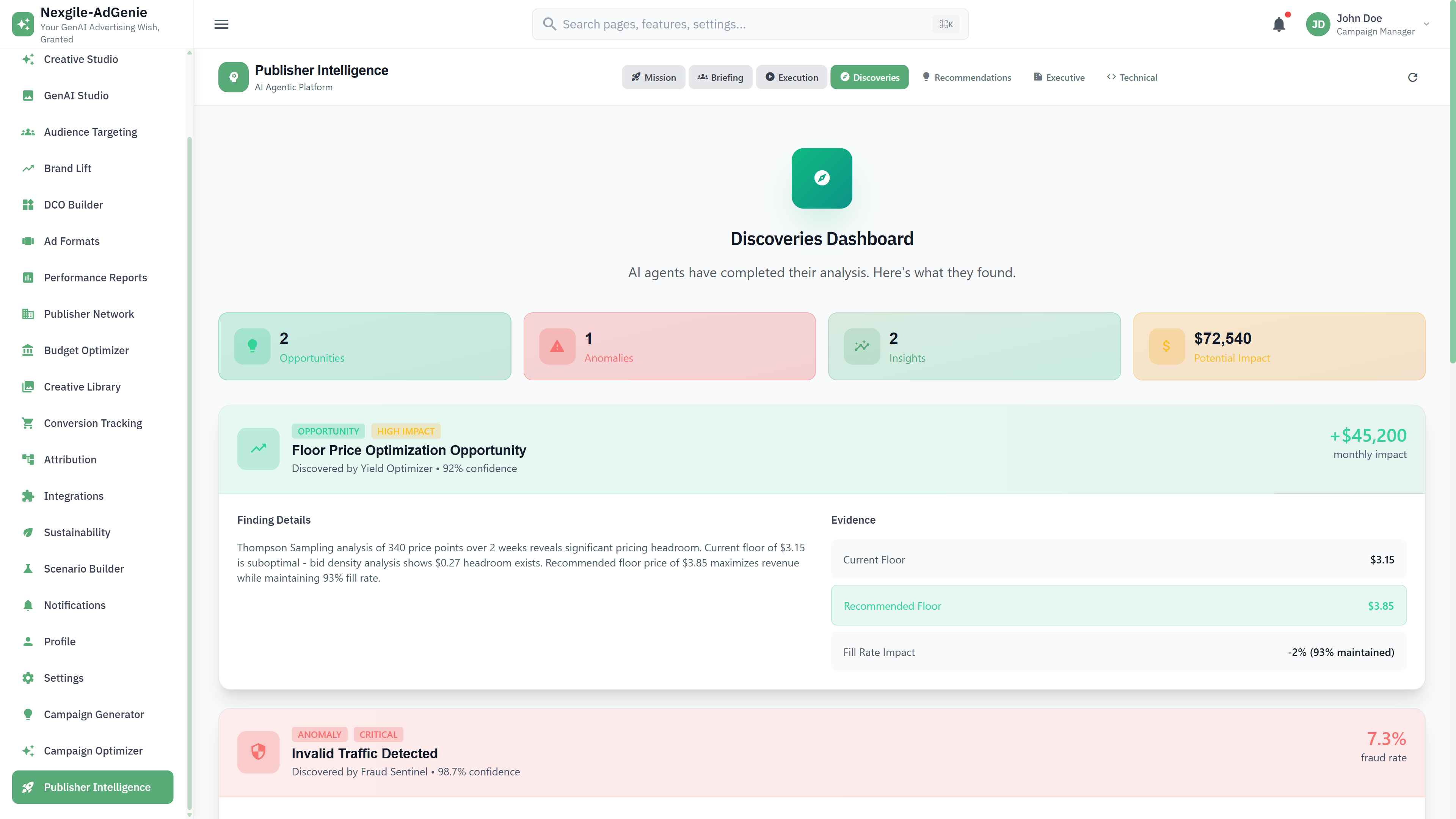Discoveries Dashboard - AI-identified revenue opportunities and fraud detection findings