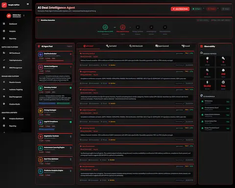 Multi-agent workflow execution showing AI agents processing in parallel with real-time observability metrics.
