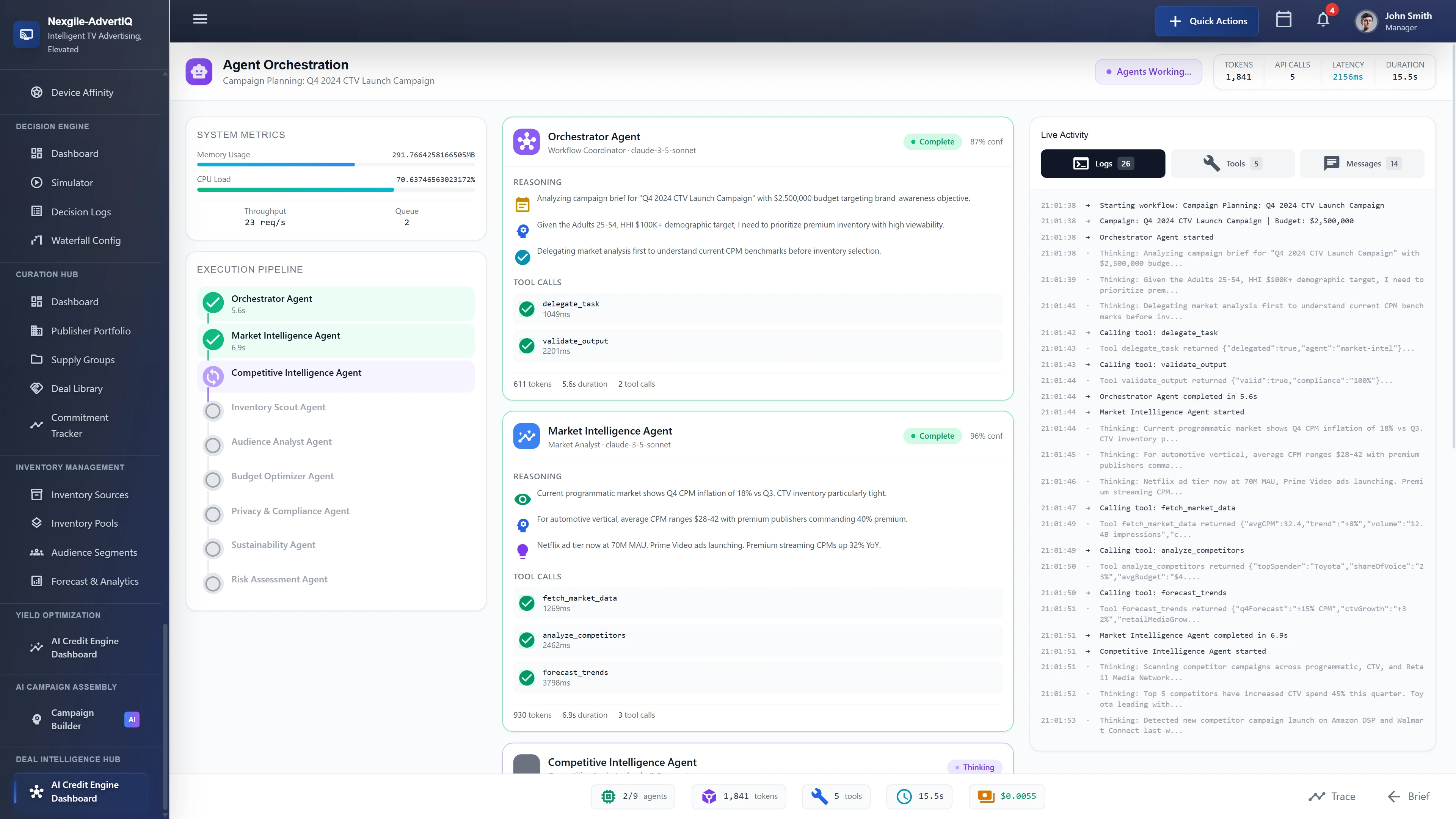 Agent Orchestration dashboard for Q4 2024 CTV Launch Campaign showing 9-agent execution pipeline with system metrics, live activity logs displaying real-time agent reasoning and tool calls, and detailed agent cards for Orchestrator and Market Intelligence agents with completion status and confidence scores.