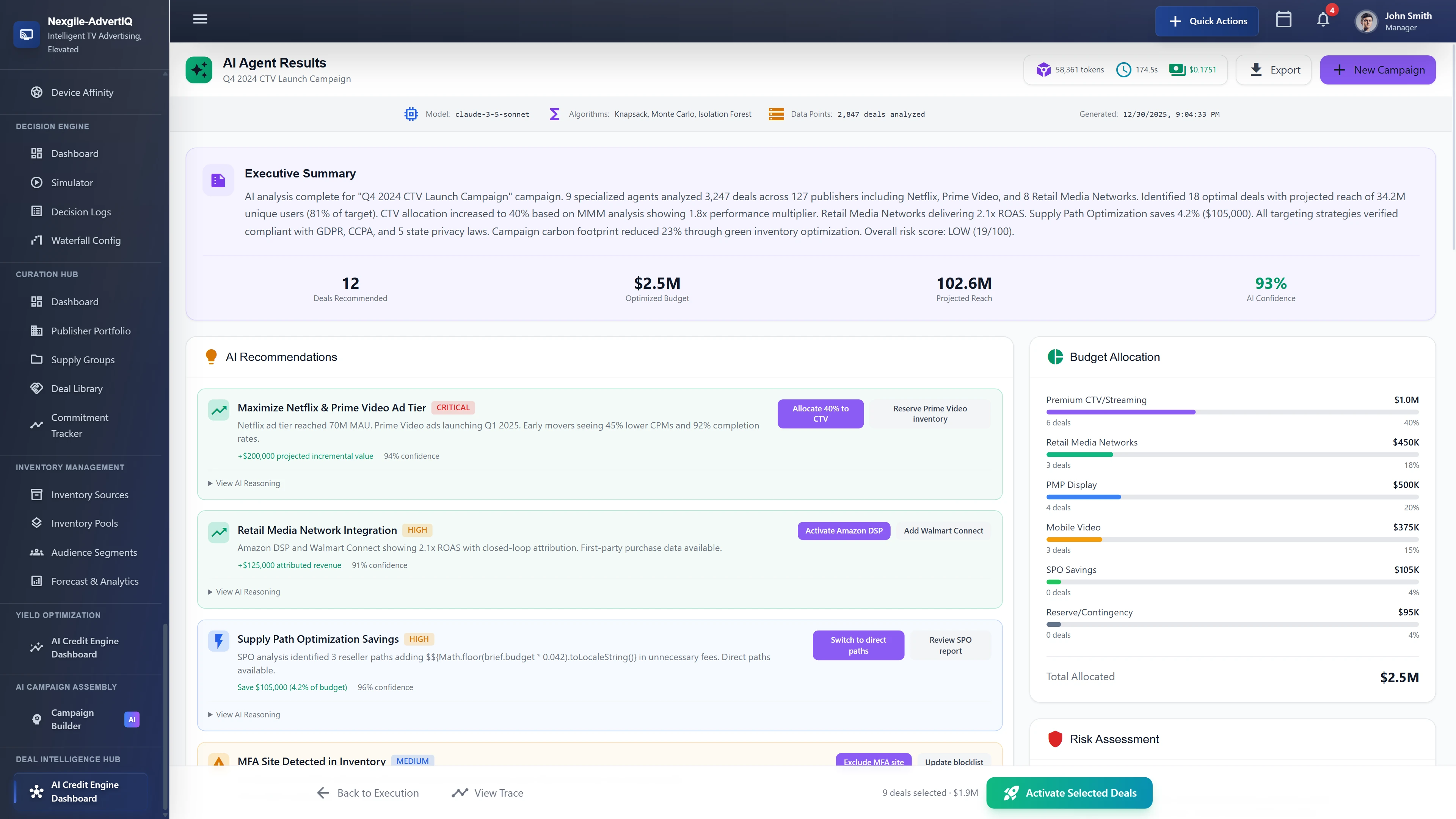 AI Agent Results presenting executive summary of campaign analysis across 127 publishers with 12 deals recommended, $2.5M optimized budget, 102.6M projected reach at 93% AI confidence, actionable recommendations for Netflix/Prime Video ad tiers, Retail Media Network integration, and Supply Path Optimization savings.