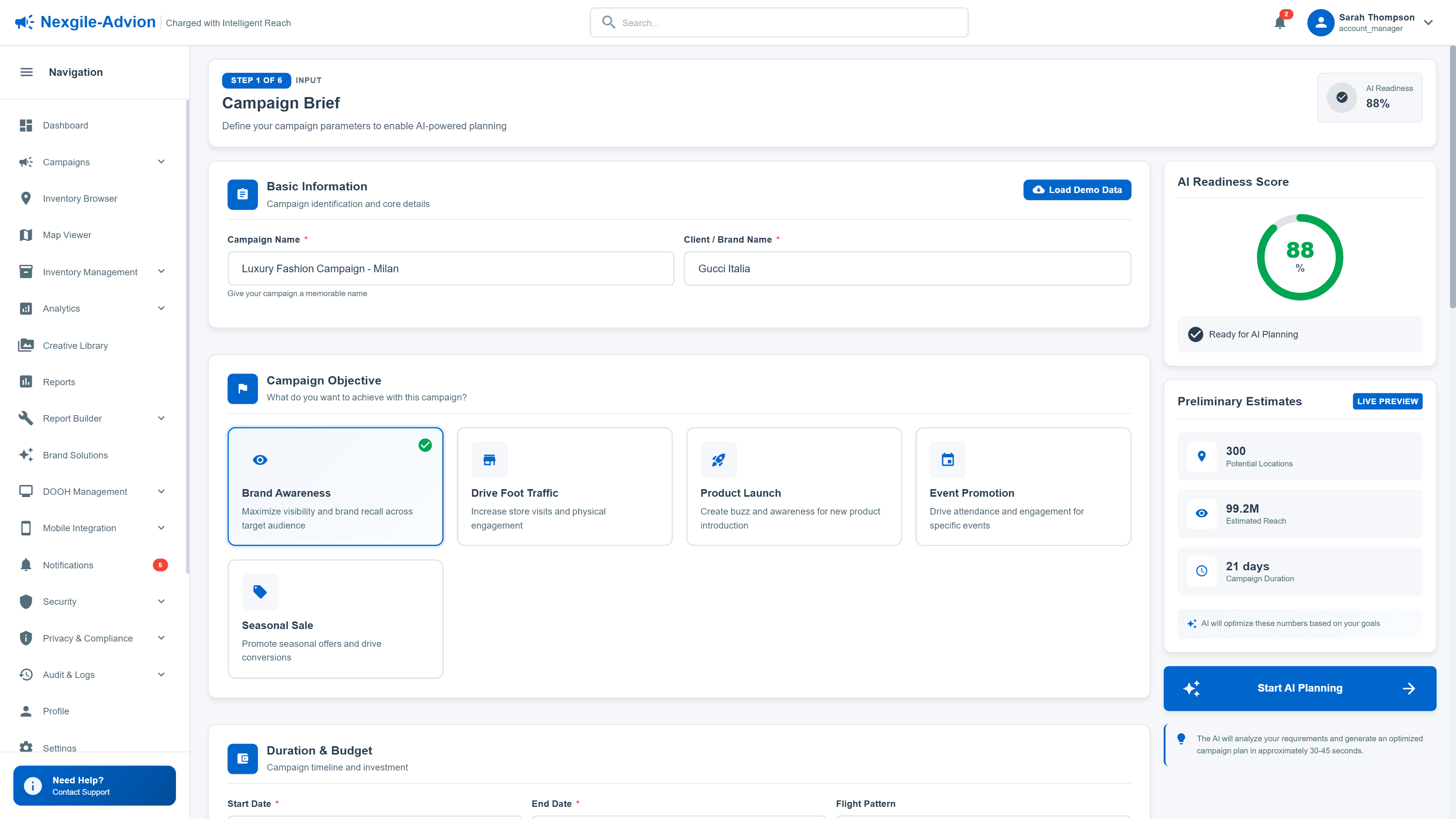 Campaign Brief input form with AI readiness score and preliminary estimates for intelligent campaign planning