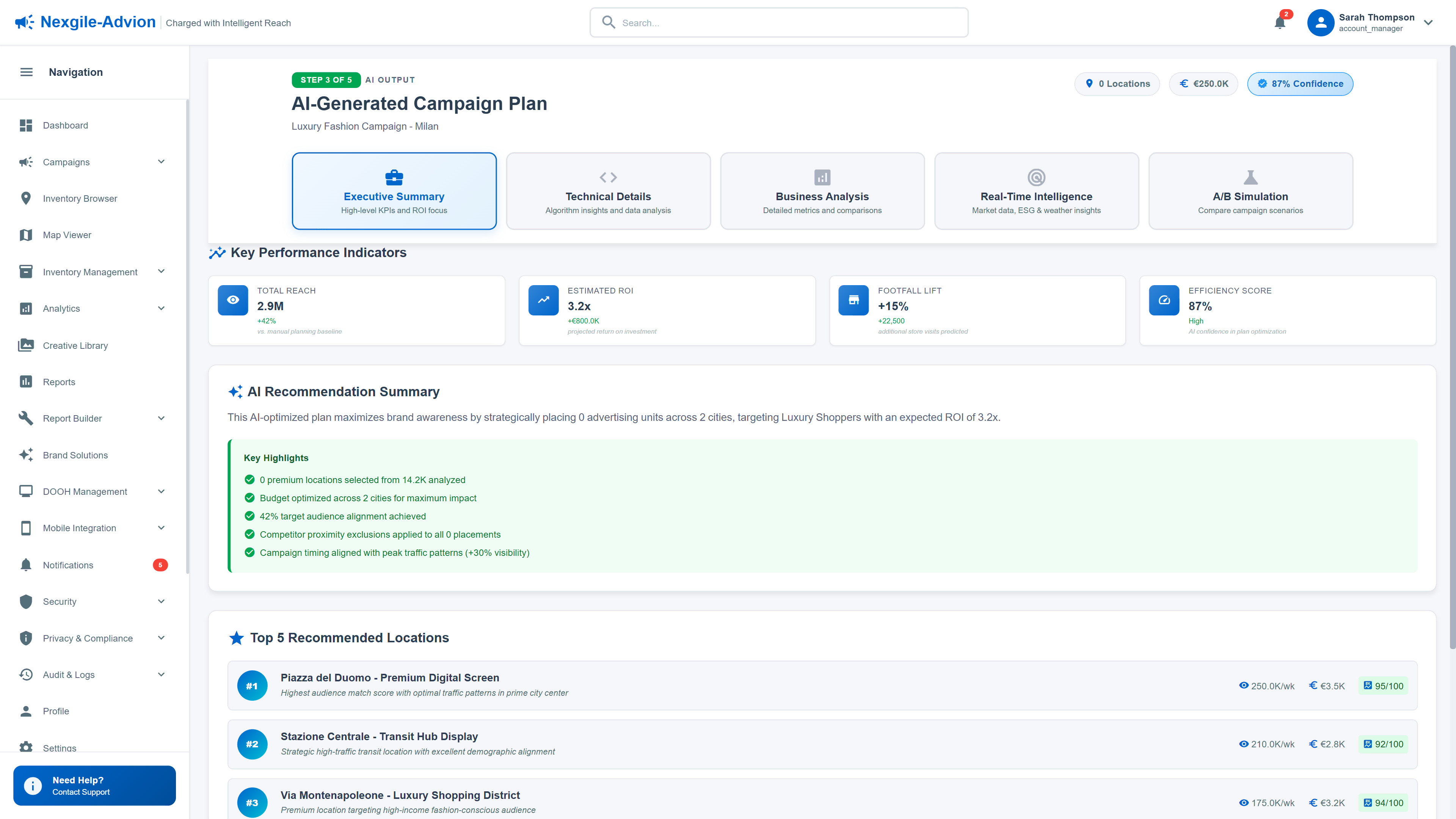 AI-Generated Campaign Plan with key performance indicators, recommendations, and top location selections