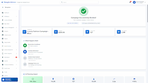 Campaign Successfully Booked confirmation with AI planning impact metrics showing time saved and ROI improvements
