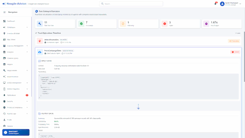 Tool Calling & Execution interface showing complete input/output traceability with detailed agent audit trail