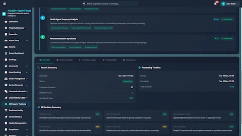 Search Summary & AI Decisions - Detailed analysis view with processing timeline, search metrics, and AI decision summaries for property recommendations.