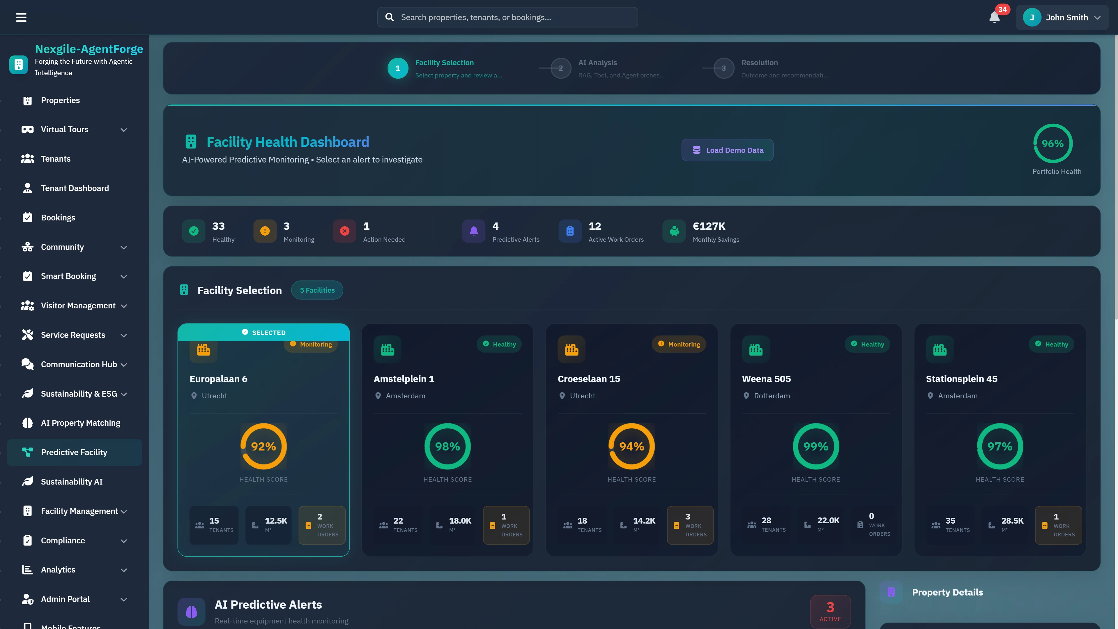 Facility Health Dashboard - Portfolio-wide monitoring view showing equipment health scores, predictive alerts, and facility selection across multiple properties.