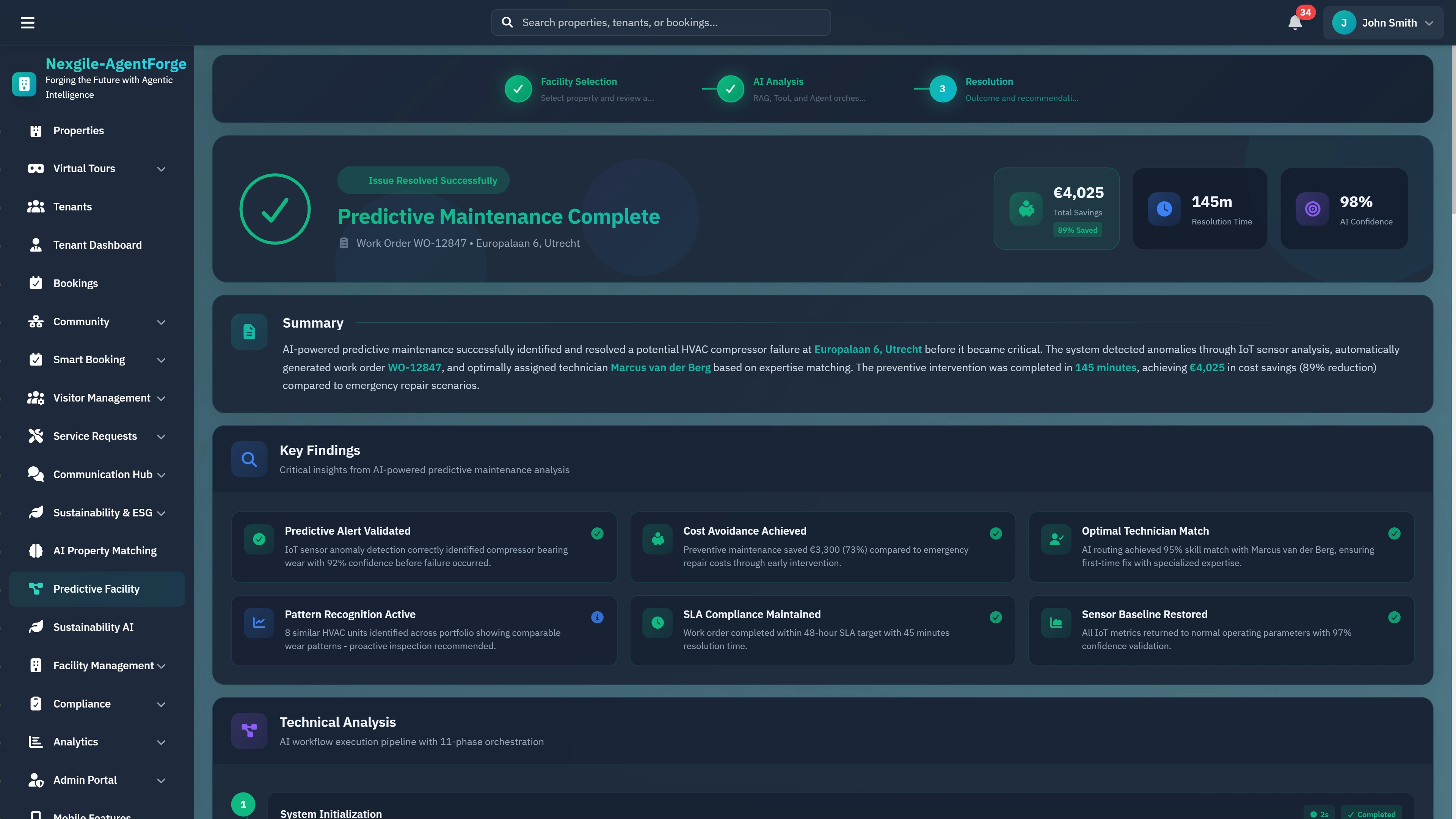 Predictive Maintenance Complete - Resolution summary showing cost savings, resolution time, SLA compliance, and key findings from AI-powered intervention.