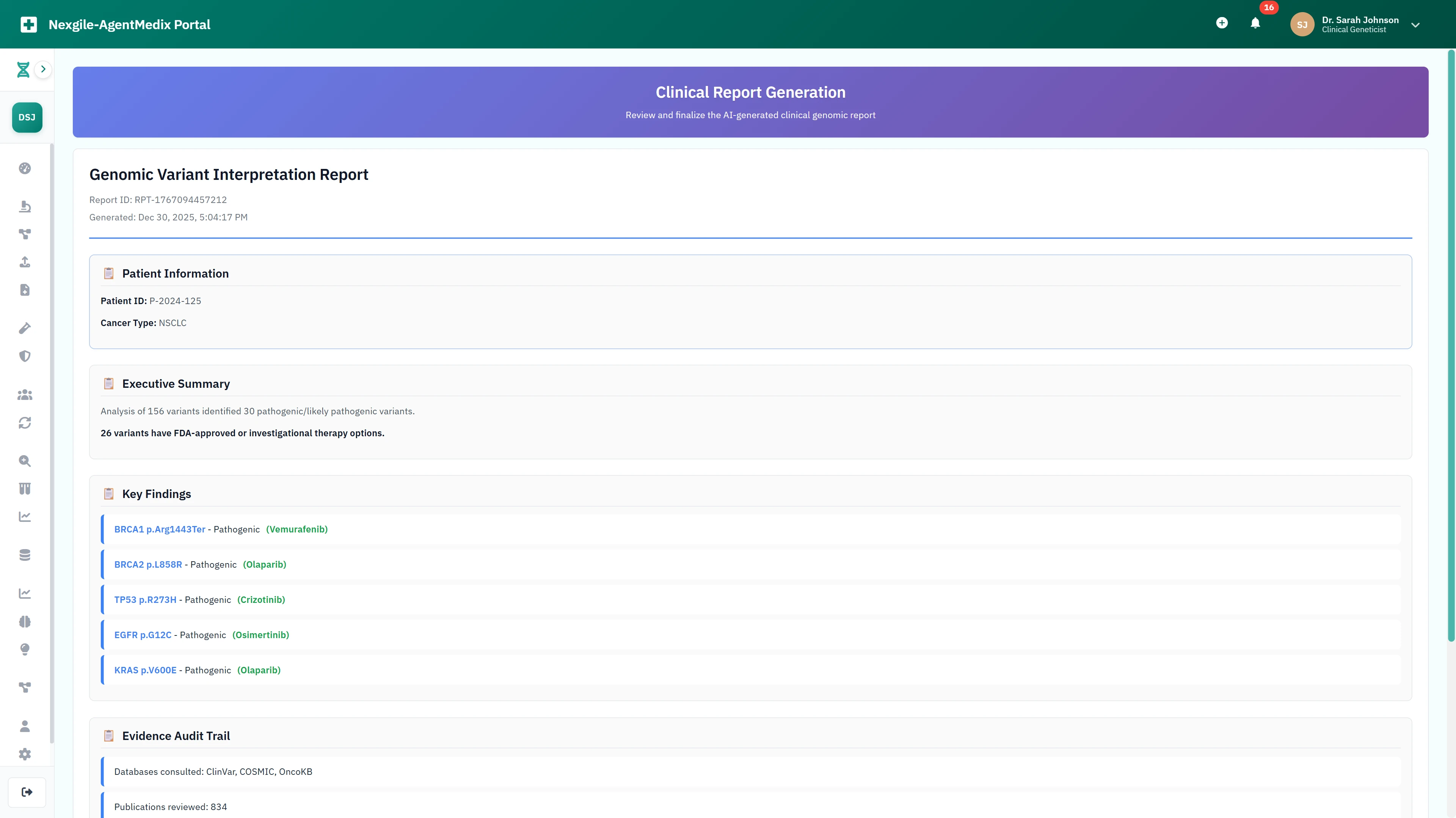 AI-generated clinical genomic report with pathogenic variant findings, therapy recommendations, and comprehensive evidence audit trail