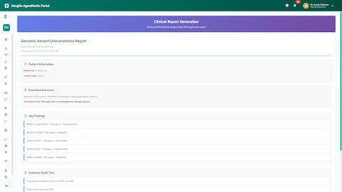 AI-generated clinical genomic report with pathogenic variant findings, therapy recommendations, and comprehensive evidence audit trail