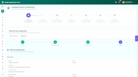 Clinical trial configuration interface for defining trial parameters, molecular criteria, and eligibility requirements for intelligent patient matching
