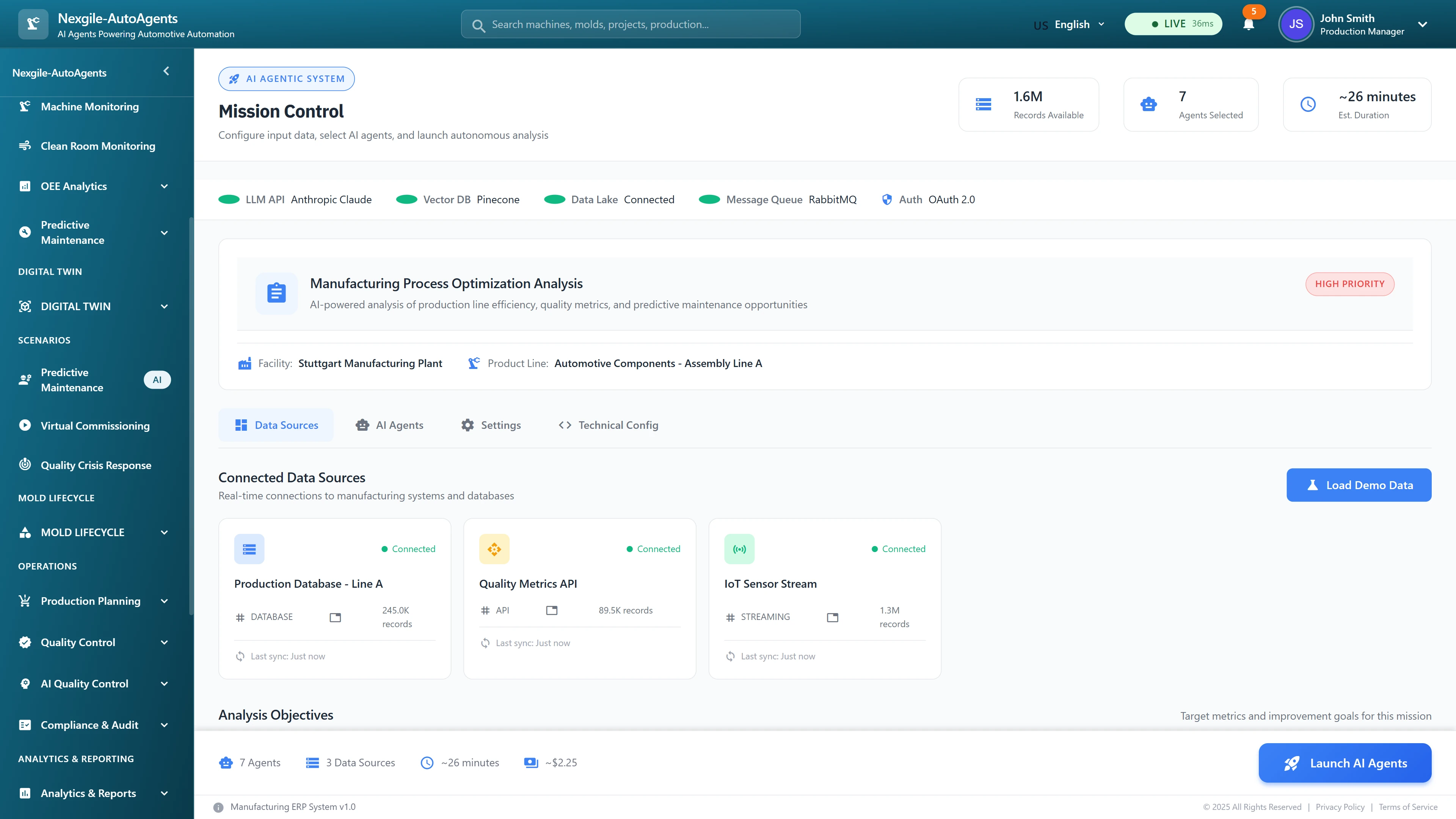 Mission Control dashboard for manufacturing process optimization displaying connected enterprise data sources (Production MES, Quality API, IoT sensors with 1.6M records), system integration status, and analysis configuration for 7-agent orchestration