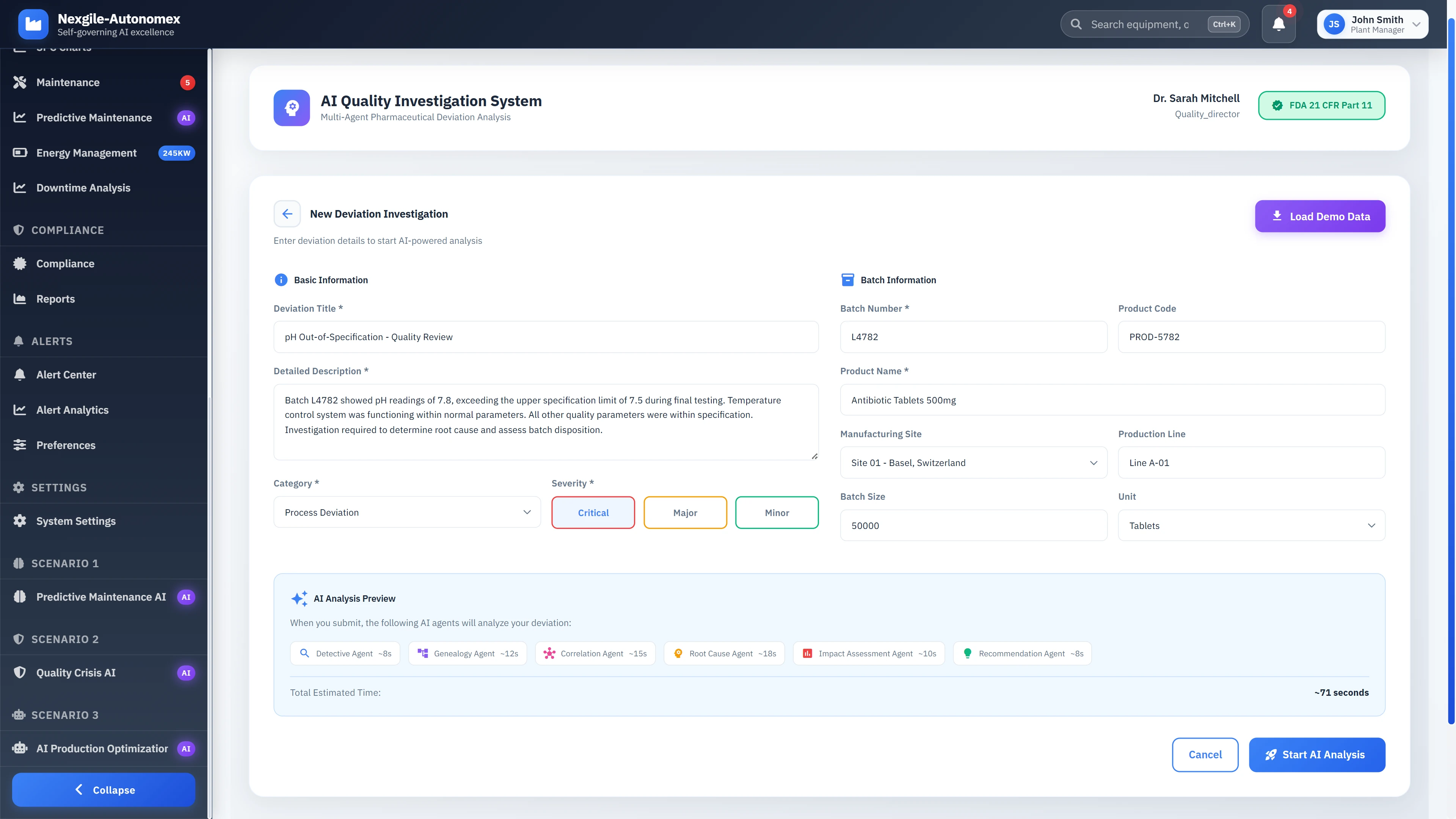 Deviation investigation intake form with pharmaceutical batch details and AI agent analysis preview