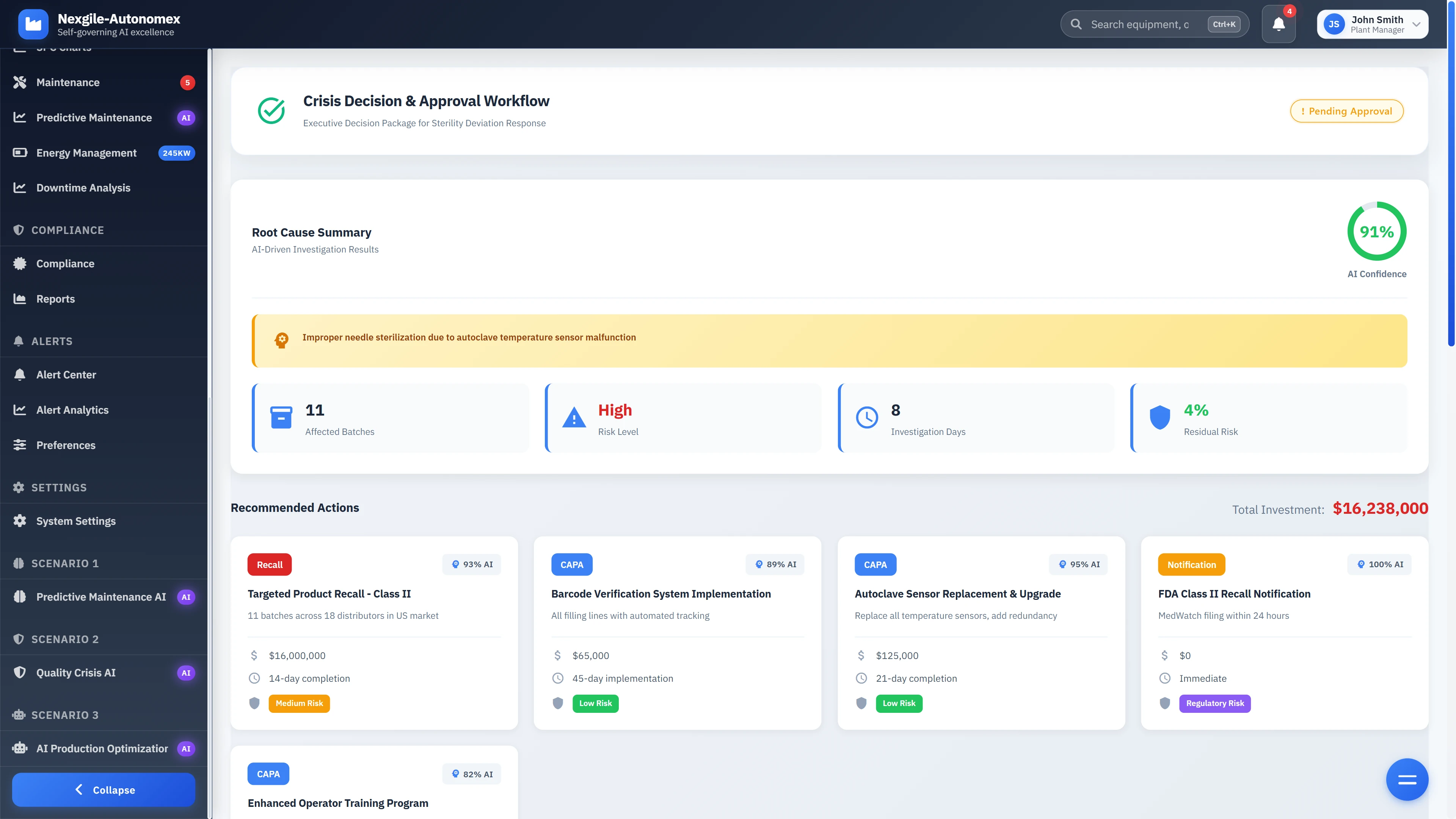 Crisis decision workflow with CAPA recommendations and executive approval package for regulatory response