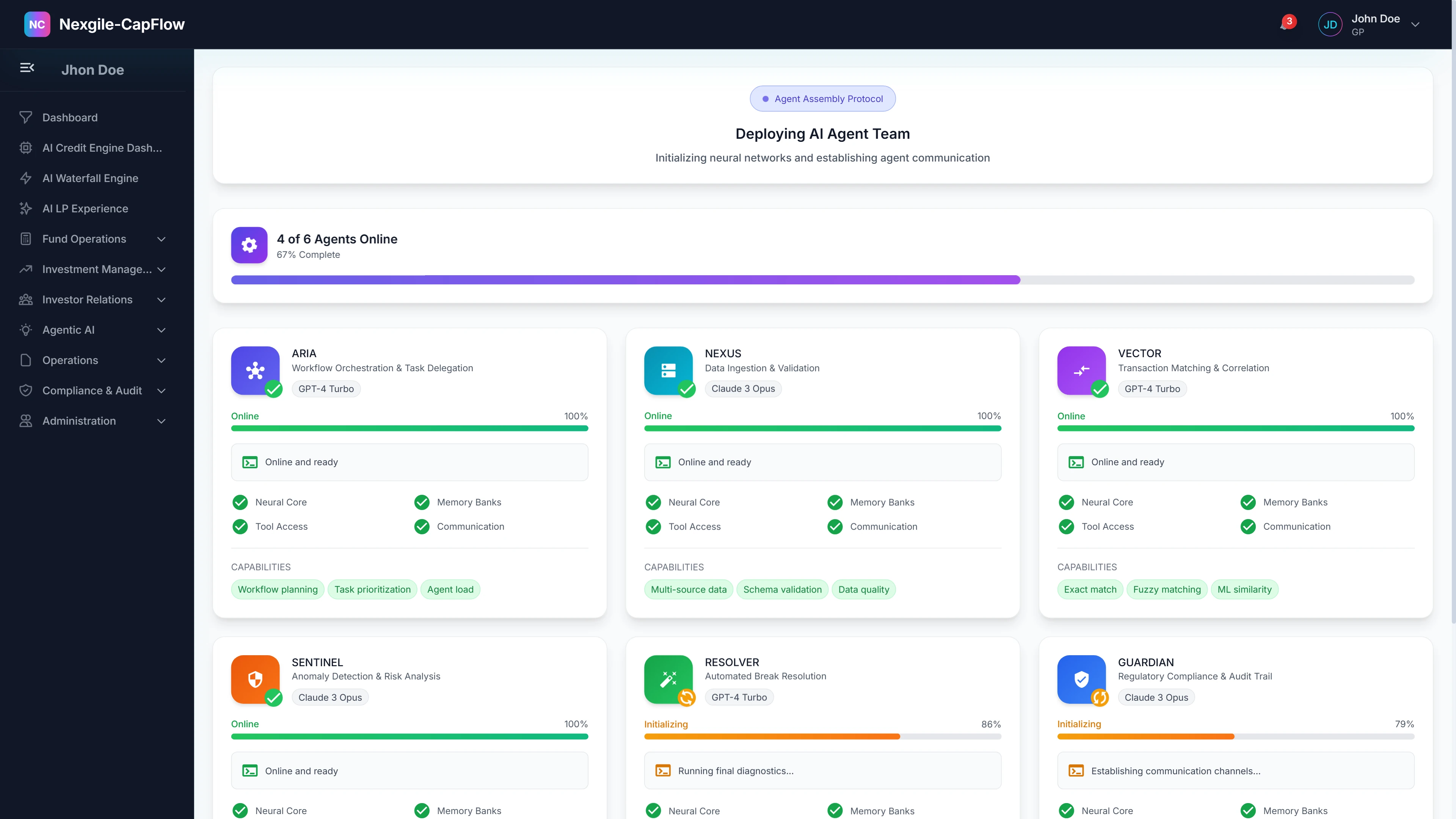 Deploying AI Agent Team - Agent deployment status interface displaying deployment progress for all 6 specialized agents (ARIA, NEXUS, VECTOR, SENTINEL, RESOLVER, GUARDIAN) with status indicators, online status, anomaly detection, and communication checks