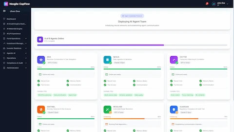 Deploying AI Agent Team - Agent deployment status interface displaying deployment progress for all 6 specialized agents (ARIA, NEXUS, VECTOR, SENTINEL, RESOLVER, GUARDIAN) with status indicators, online status, anomaly detection, and communication checks