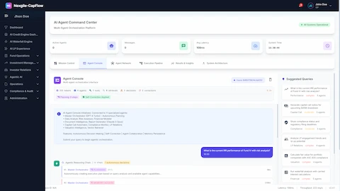 Agent Console - Natural language query processing interface displaying suggested queries, agent activity with NLP Query decomposition and execution workflow, system metrics (active agents, messages, system time), and agent collaboration capabilities for portfolio analytics and LP risk assessment