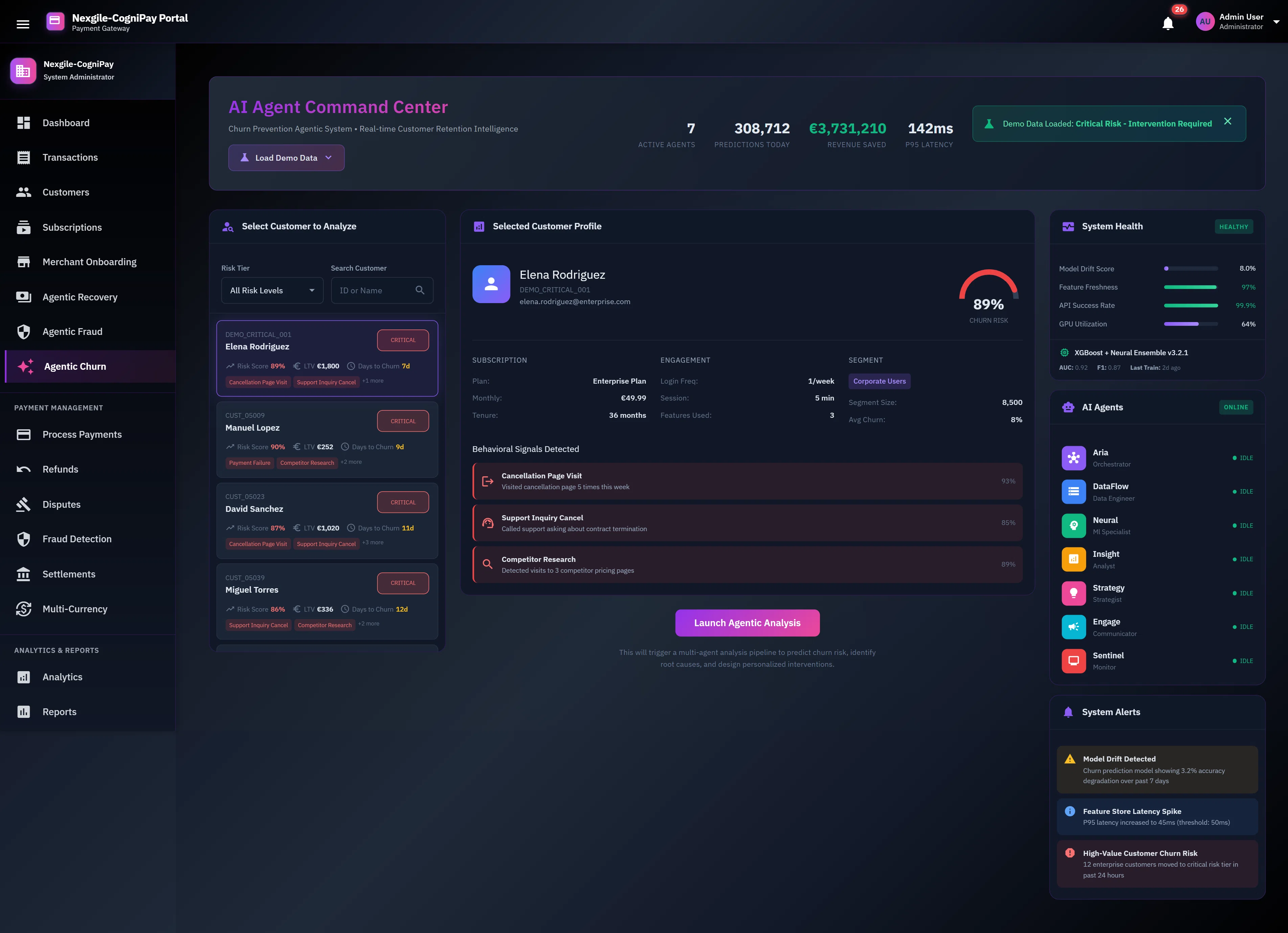 AI Agent Command Center displaying customer selection panel with churn risk scores, detailed customer profile with 89% churn probability, behavioral signals detected, system health metrics, and 7 specialized AI agents ready for analysis.