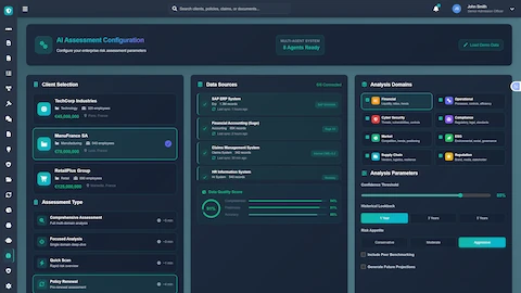 Risk Assessment Configuration - Client selection, data source integration, analysis domain setup, and assessment parameters