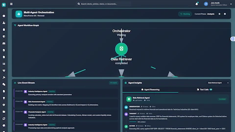 Multi-Agent Orchestration - Live workflow visualization showing parallel agent execution with real-time event stream and reasoning logs