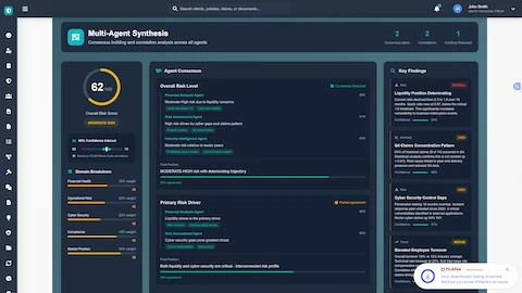 Agent Synthesis Dashboard - Consensus-building interface displaying aggregated risk scores, domain breakdown, and key findings from all agents