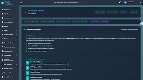 Investigation Summary - Comprehensive fraud analysis results with risk features, ensemble model scoring, and explainability metrics