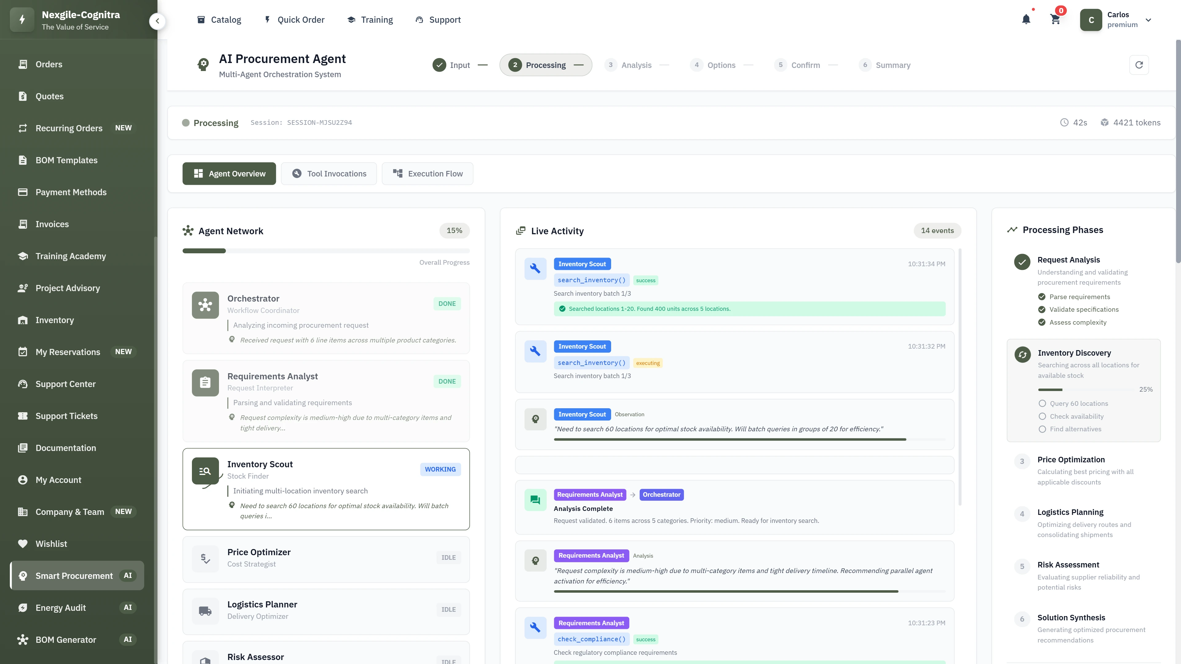 Agent network visualization showing real-time orchestration workflow and live activity monitoring