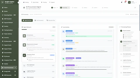 Agent network visualization showing real-time orchestration workflow and live activity monitoring