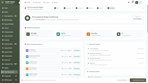 Procurement order confirmation with executive summary, agent performance metrics, and execution timeline
