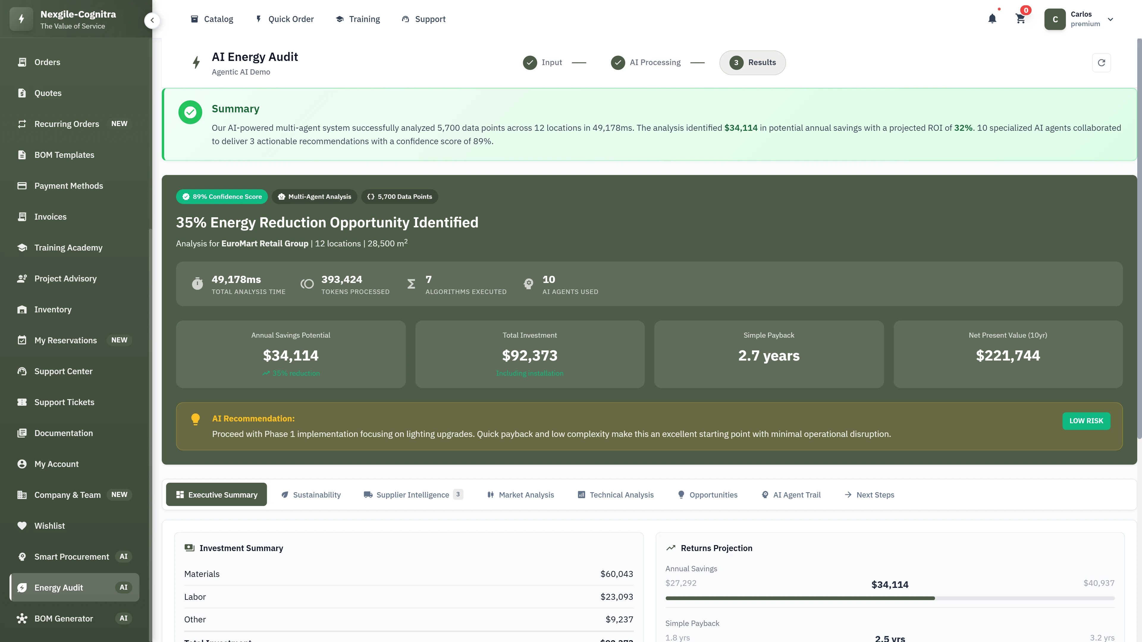 Energy audit results summary identifying 35% reduction opportunity with detailed financial projections and ROI analysis