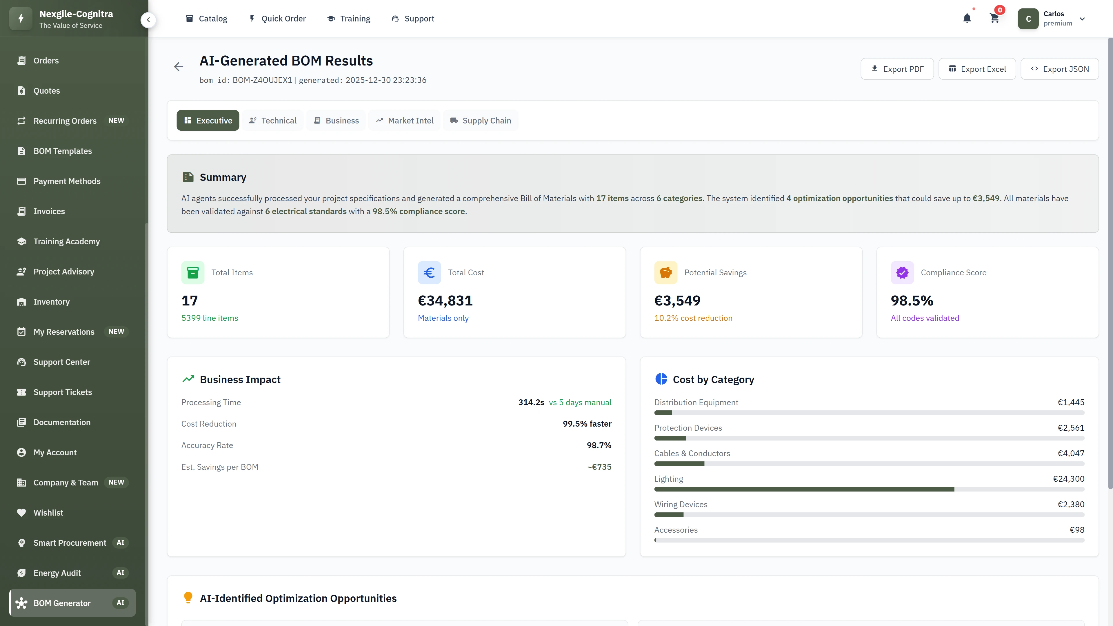 AI-Generated BOM results with 17 line items, 98.5% compliance score, and cost optimization opportunities