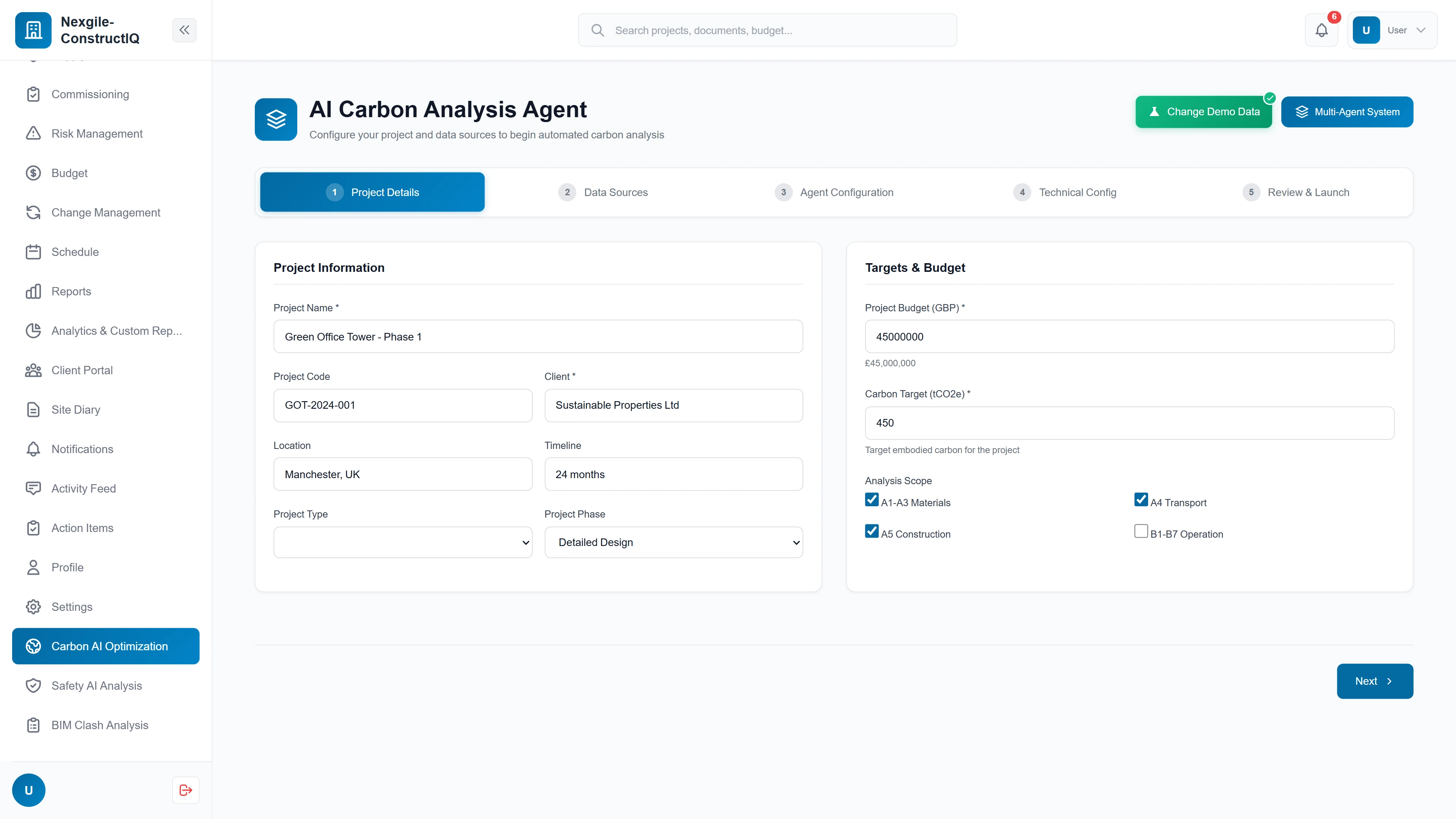 Project configuration screen with carbon targets, budget settings, and analysis scope options for materials, transport, and construction phases.