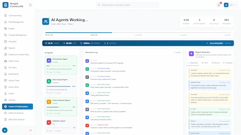Multi-agent orchestration view showing AI agents collaborating with real-time execution log, reasoning traces, and progress tracking.