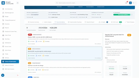 Carbon reduction recommendations with material substitution options, cost impacts, confidence scores, and implementation timelines.