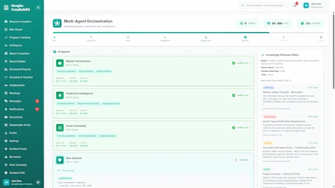 Multi-Agent Orchestration - AI agents processing with RAG knowledge retrieval showing template and regulation matches