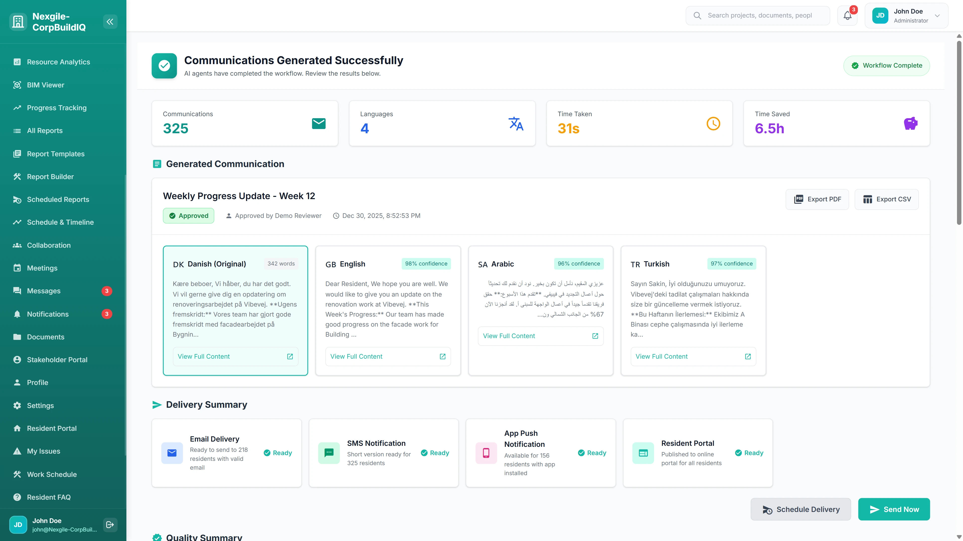 Communications Generated Successfully - Multi-language translations with delivery summary for email, SMS, app push, and portal