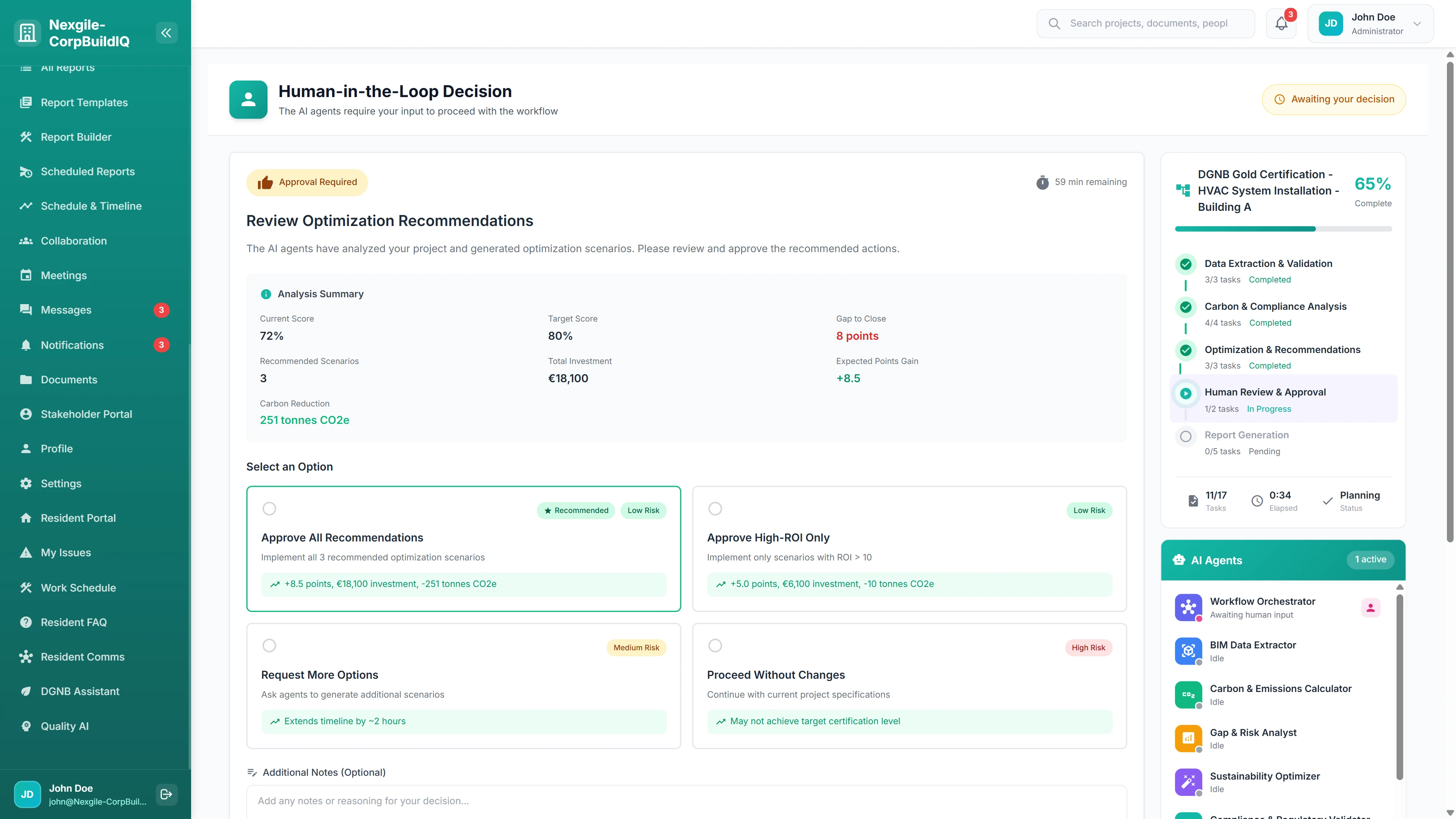 Human-in-the-Loop Decision - Review optimization recommendations with cost, carbon reduction, and ROI analysis