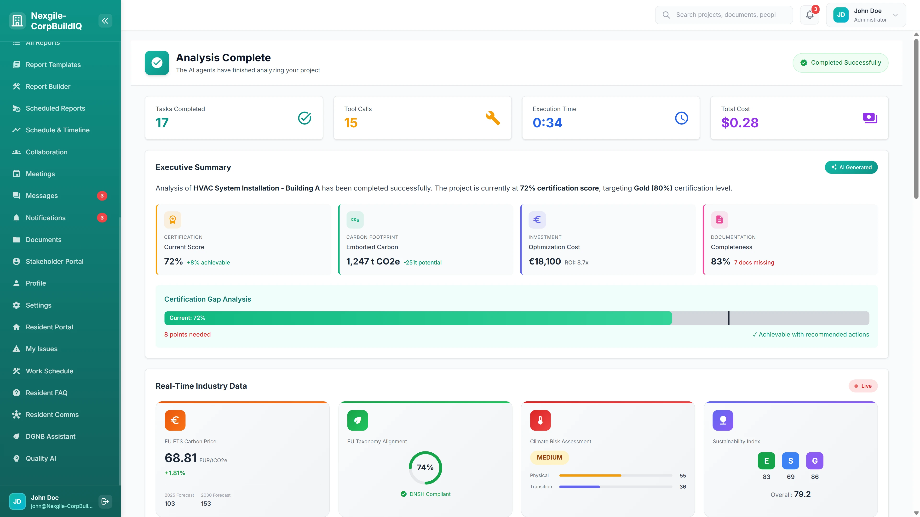 Analysis Complete - Executive summary with certification gap analysis, carbon footprint, and EU Taxonomy alignment scores