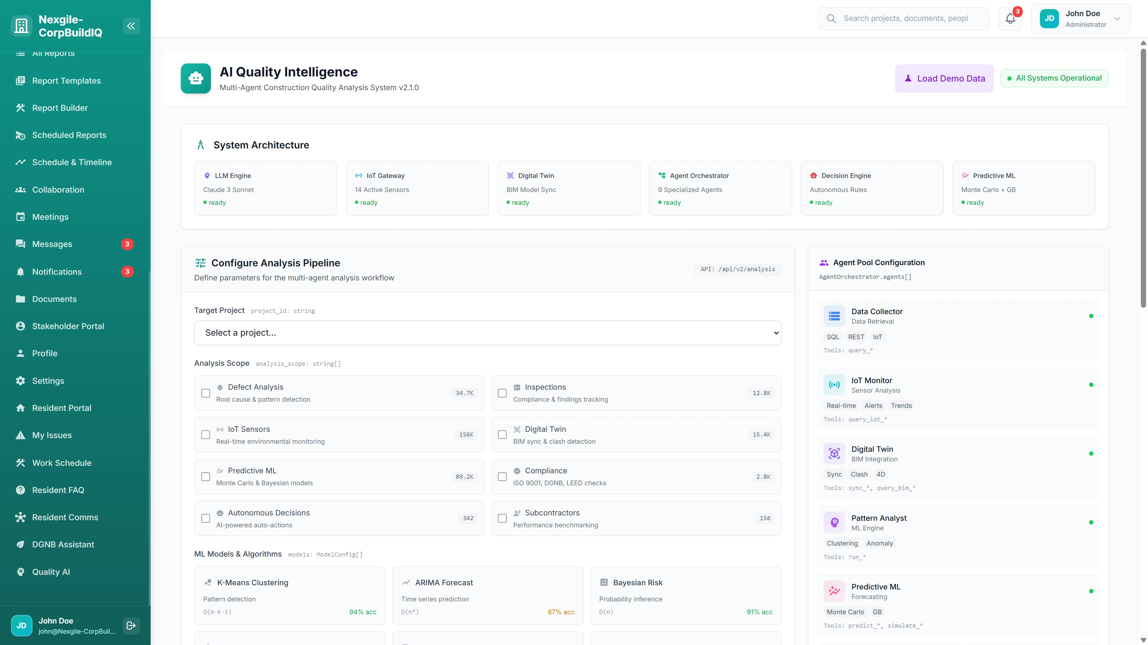 AI Quality Intelligence - System architecture with LLM, IoT Gateway, Digital Twin, and ML components; analysis pipeline configuration