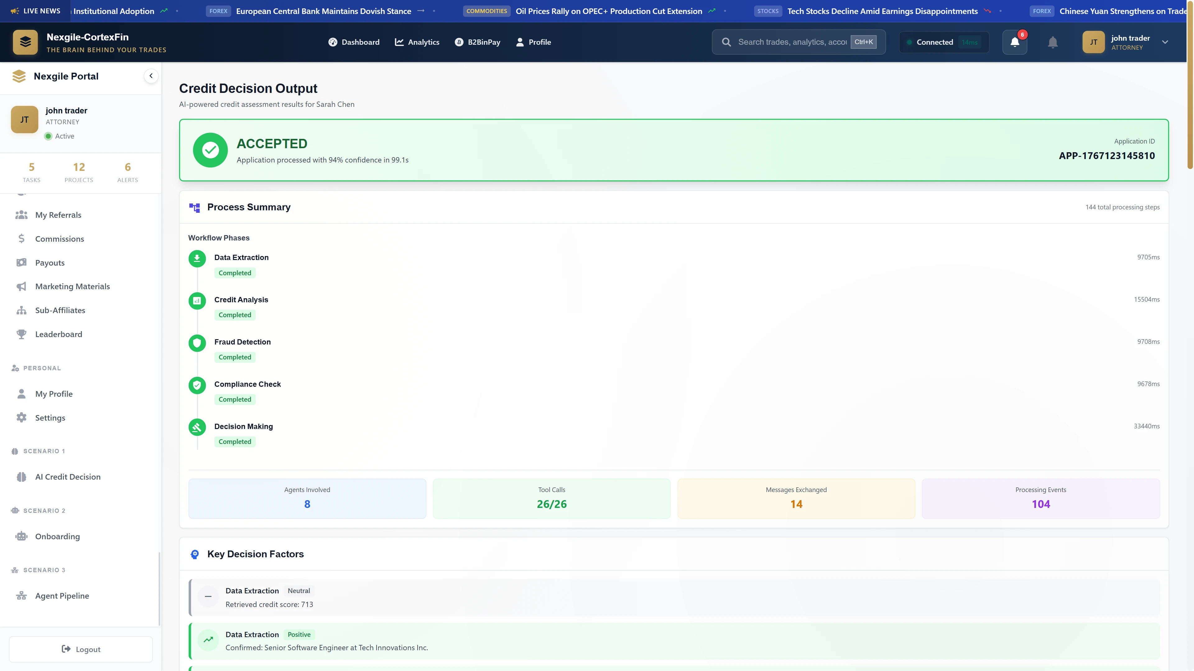 Credit Decision Output - Final approval decision with comprehensive process summary showing completed workflow phases and key decision factors