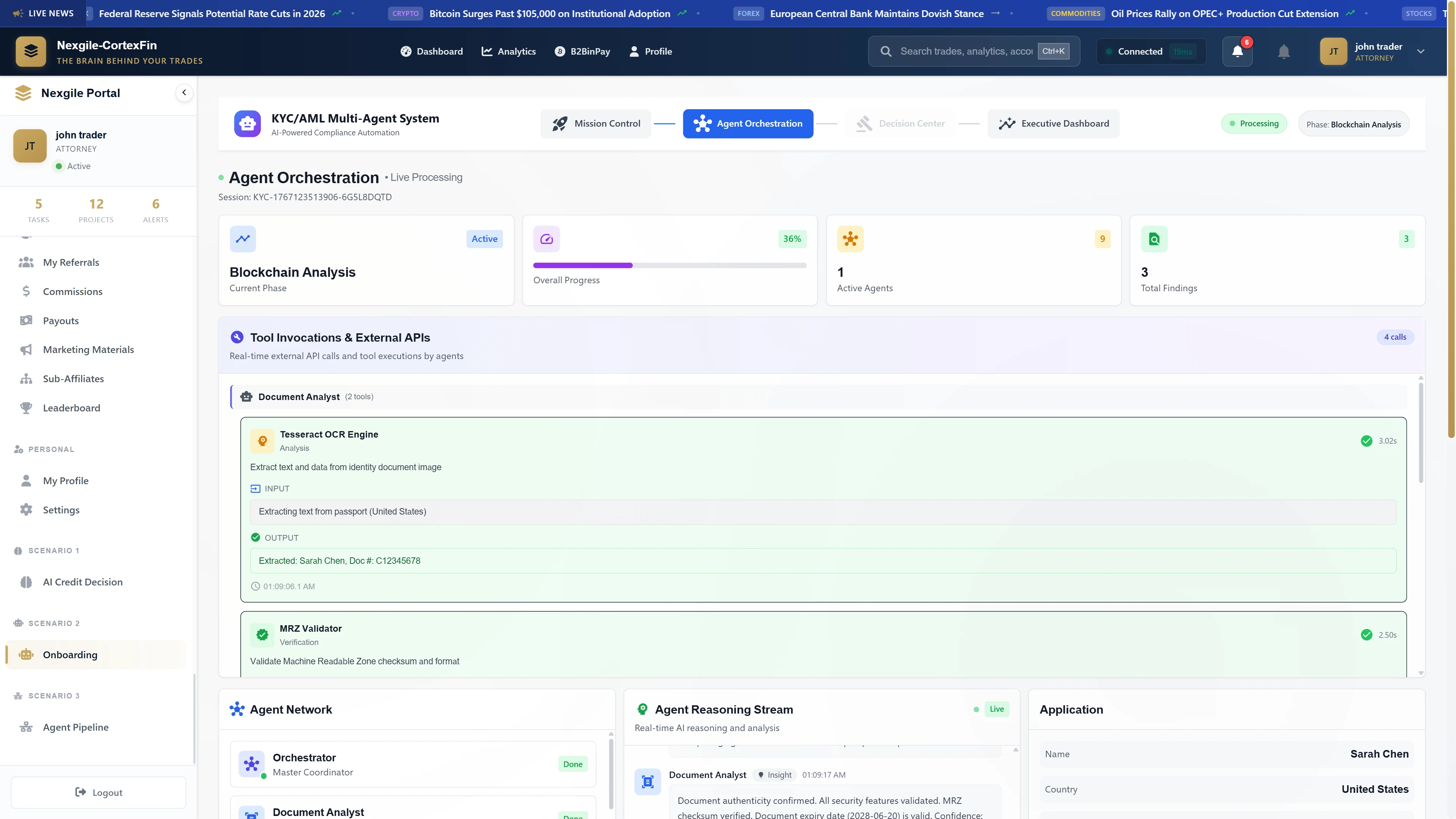 Agent Orchestration - Blockchain analysis phase displaying tool invocations (Tesseract OCR, MRZ Validator), agent network collaboration, and real-time reasoning stream for document verification