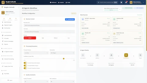 Enterprise AI workflow configuration for demand forecasting with data source connections, processing parameters, and agent pipeline setup