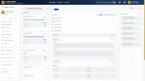 AI agents processing view showing real-time execution progress, data pipeline stages, tool invocations, and system performance metrics
