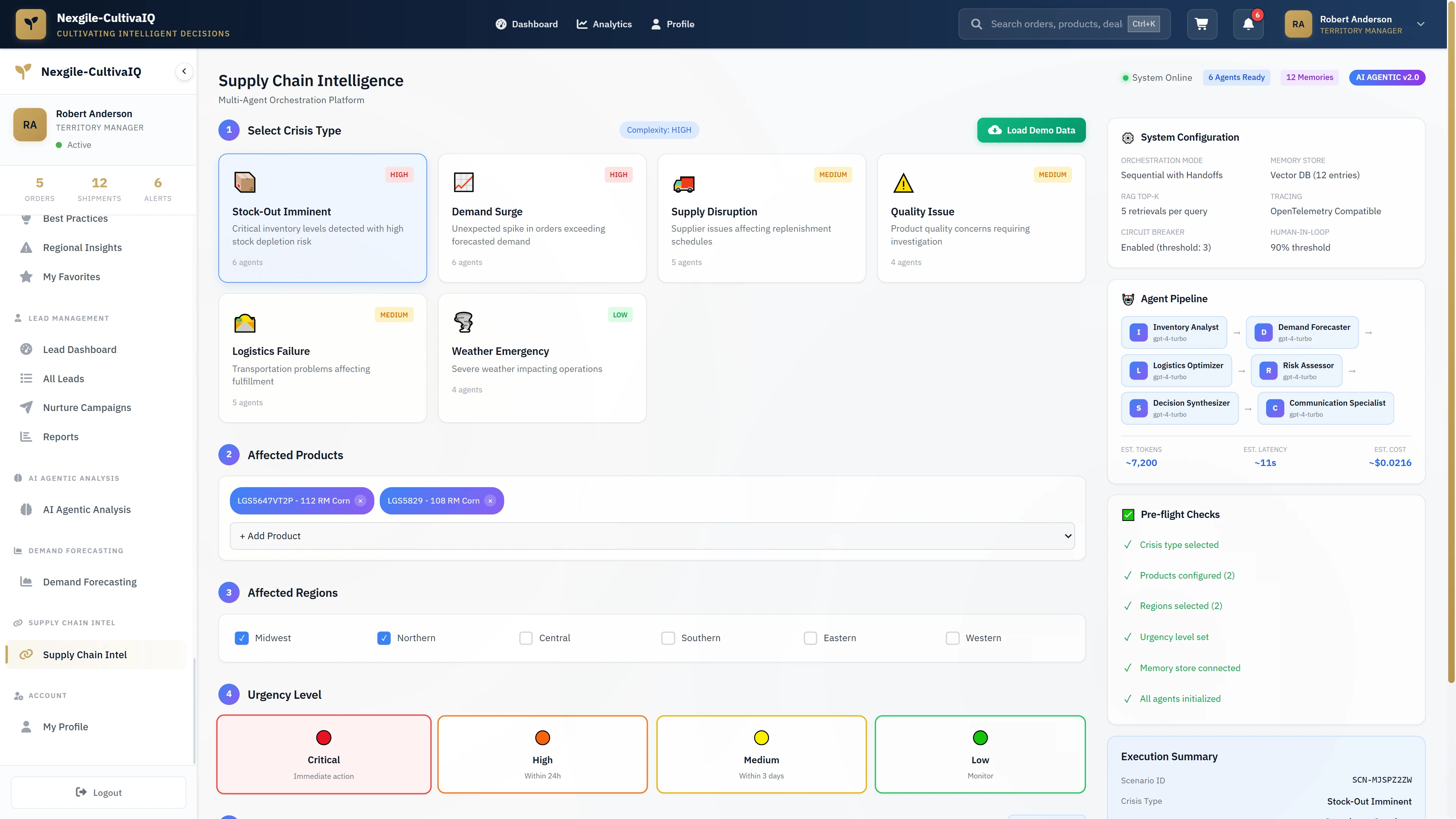 Crisis management configuration interface for selecting crisis type, affected products/regions, urgency level, and agent pipeline initialization