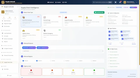 Crisis management configuration interface for selecting crisis type, affected products/regions, urgency level, and agent pipeline initialization