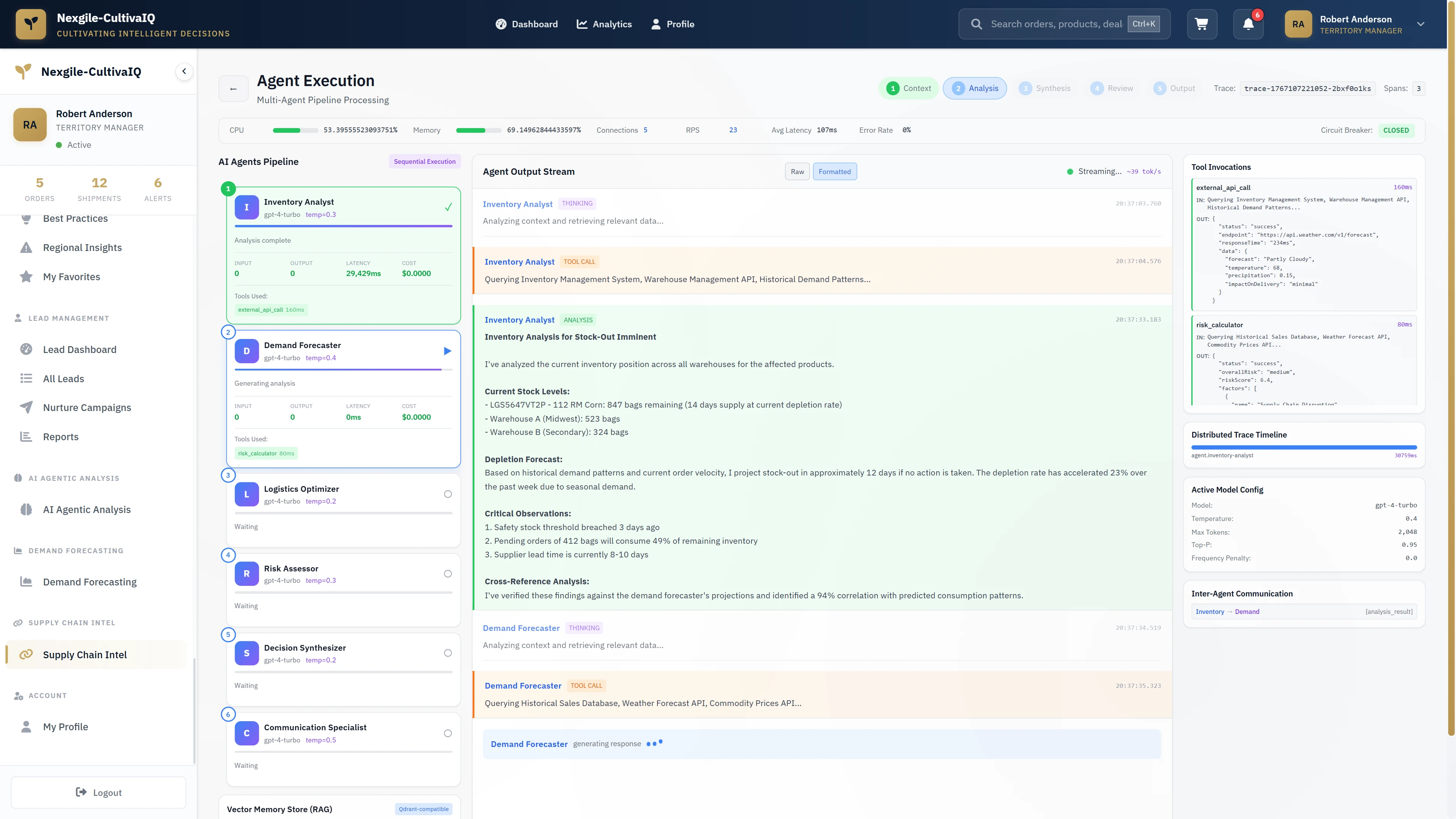 Live agent execution showing sequential multi-agent pipeline processing with real-time output streams and distributed tracing