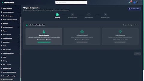 AI Agent Configuration wizard for inventory optimization with data source selection including sample dataset (12,500 records), CSV upload, and API/database connections.