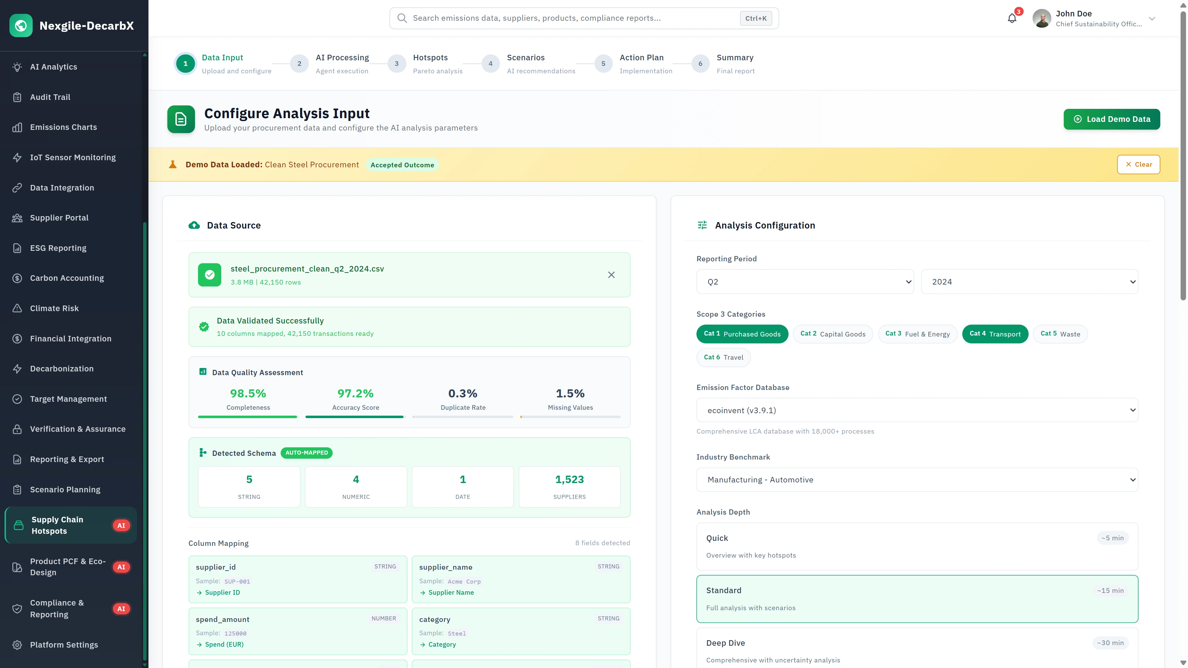 Configure Analysis Input - Data source upload with validation metrics, column mapping, and analysis configuration for Scope 3 emissions categories.