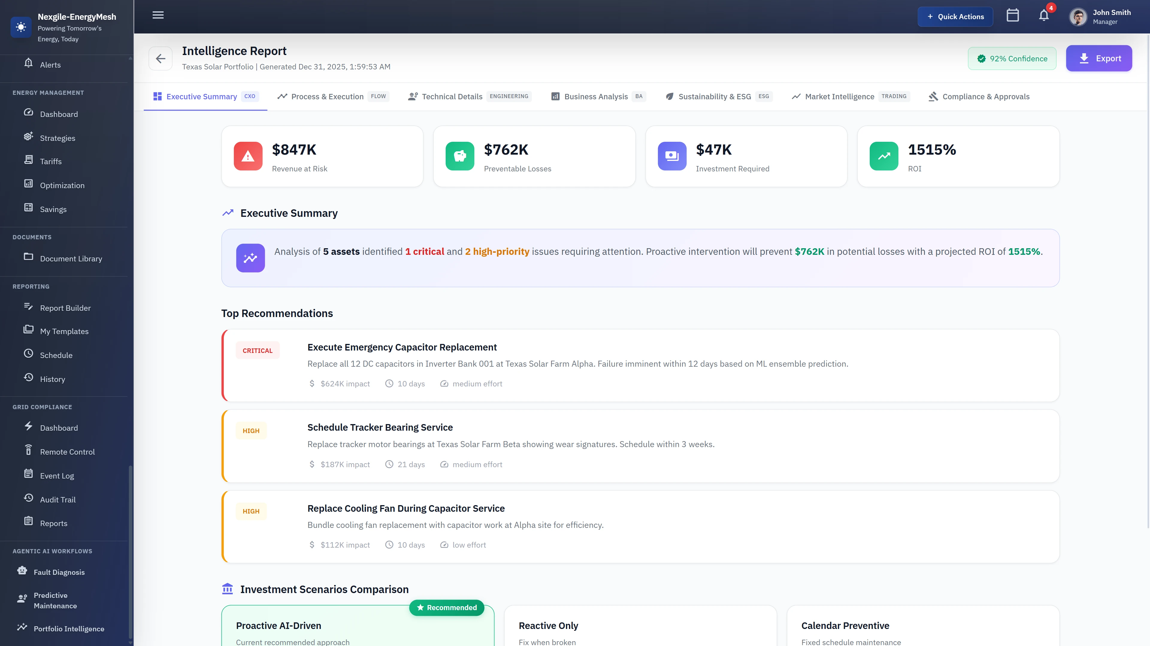 Intelligence Report - Executive summary showing $762K preventable losses, 1515% ROI, and prioritized maintenance recommendations